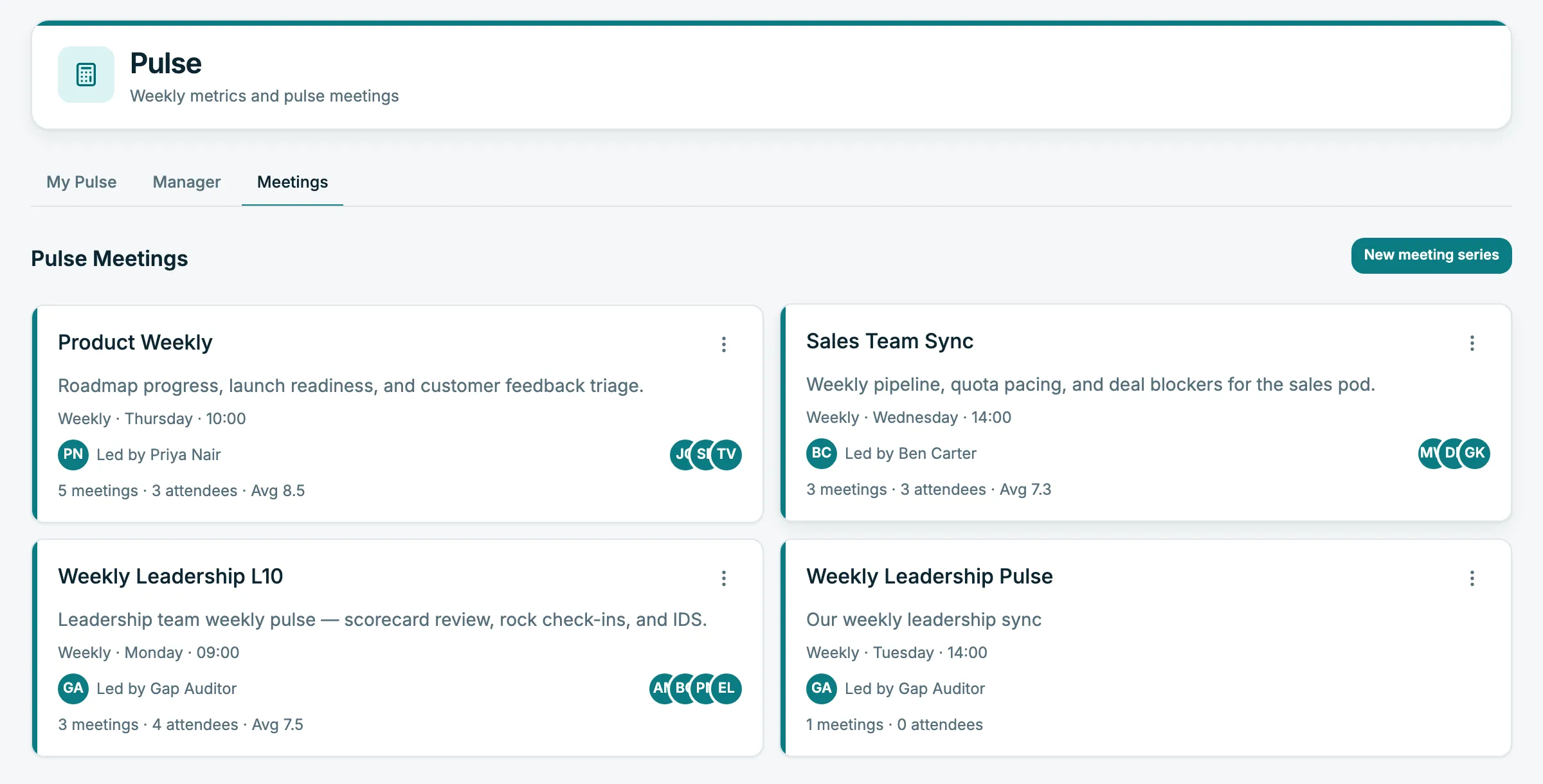 Pulse Meetings in Whitewater OS listing recurring weekly meeting series with leaders, attendees, and average ratings
